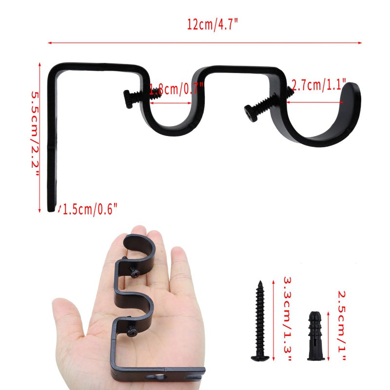 Shonmogar Double Curtain Rod Bracket 6 Pack Metal Curtain Rod Holders for Wall Sturdy Curtain Bracket for 1 Inch Curtain Rod Black Wall Mounted Curtain Rod Hooks for Bedroom Living Room Patio - Image 3